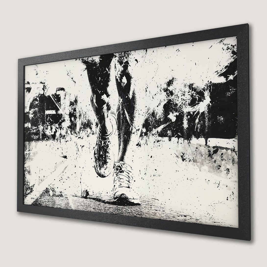 Framed Poster featuring a runner in dynamic, abstract style with a black and white color palette. Perfect for modern decor!