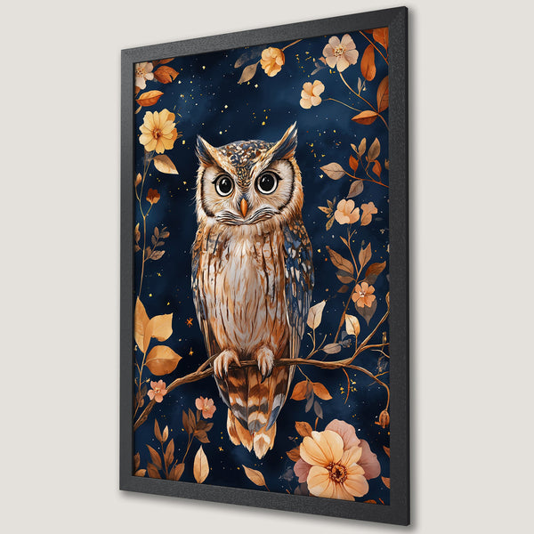Framed Poster featuring an owl illustration in watercolor style with a navy and gold color palette. Perfect wall art!
