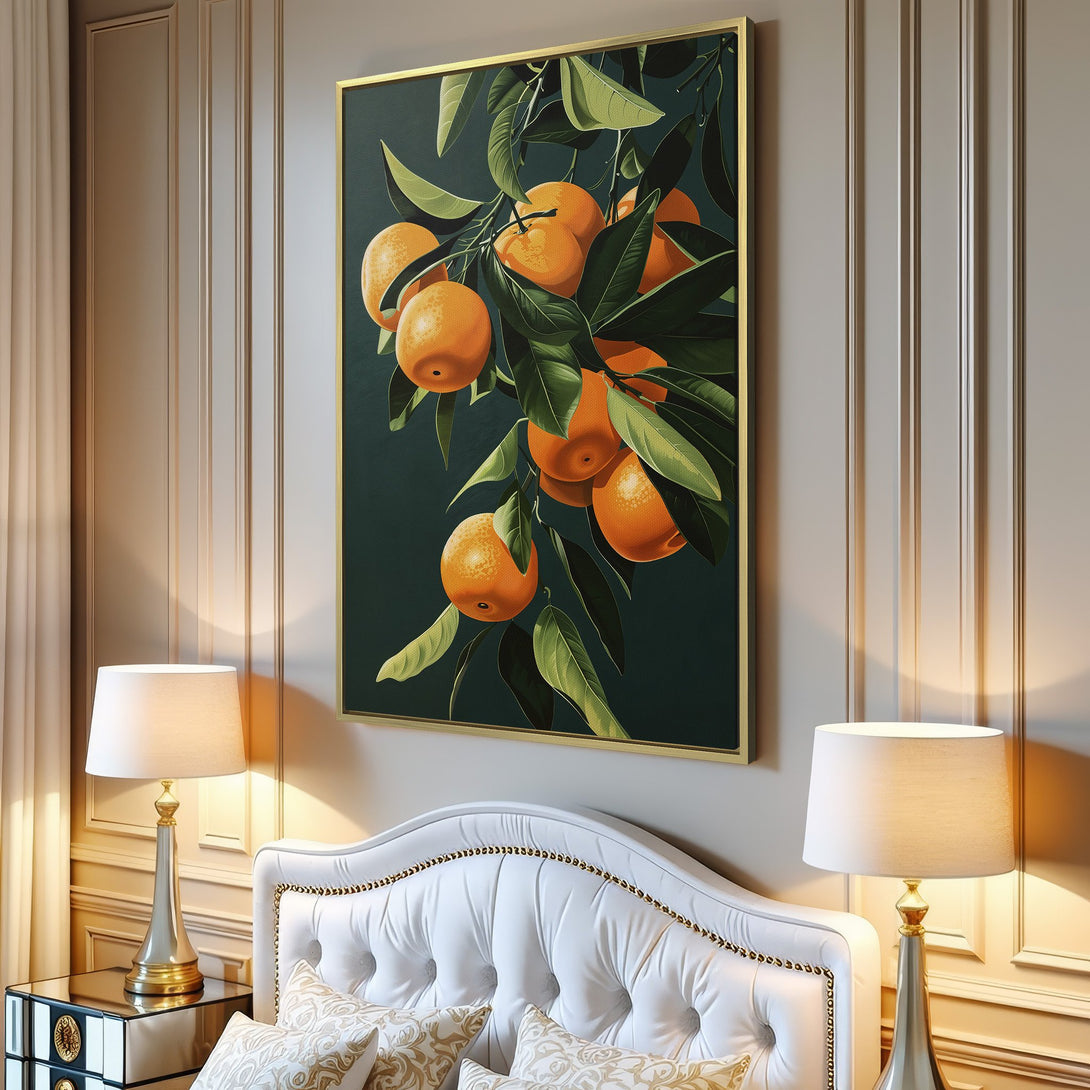 Canvas Print of vibrant orange fruit art. Botanical style with a green and orange color palette. Perfect for kitchen or living room decor.