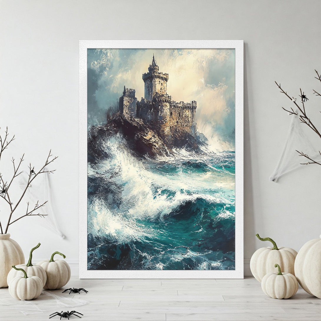 Framed Poster: Dramatic castle art print in teal and beige tones. Coastal landscape poster for home decor.