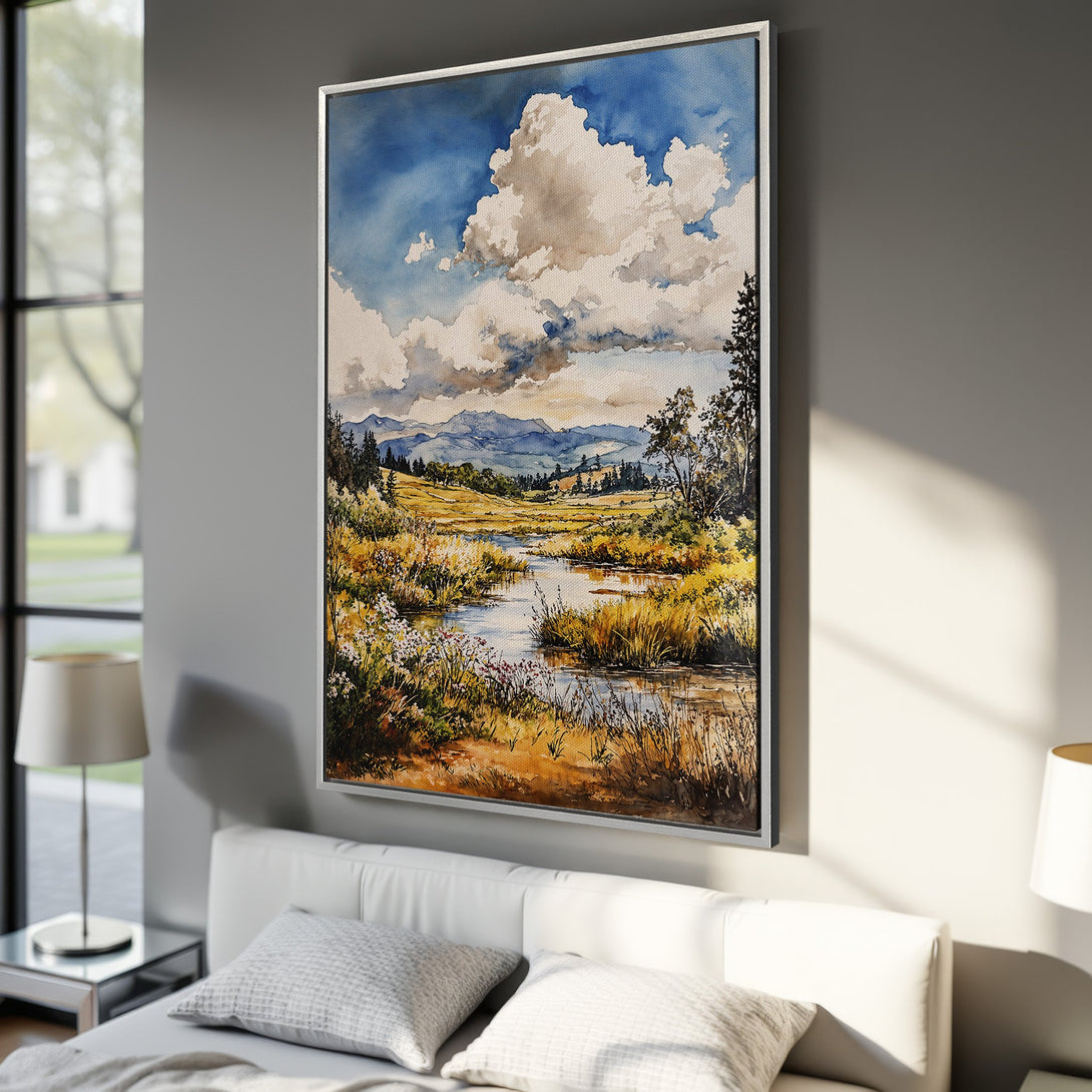 Framed Wall Art: Watercolor landscape Canvas Print with blue sky, neutral tones, and a serene river scene. Perfect for bedroom decor.