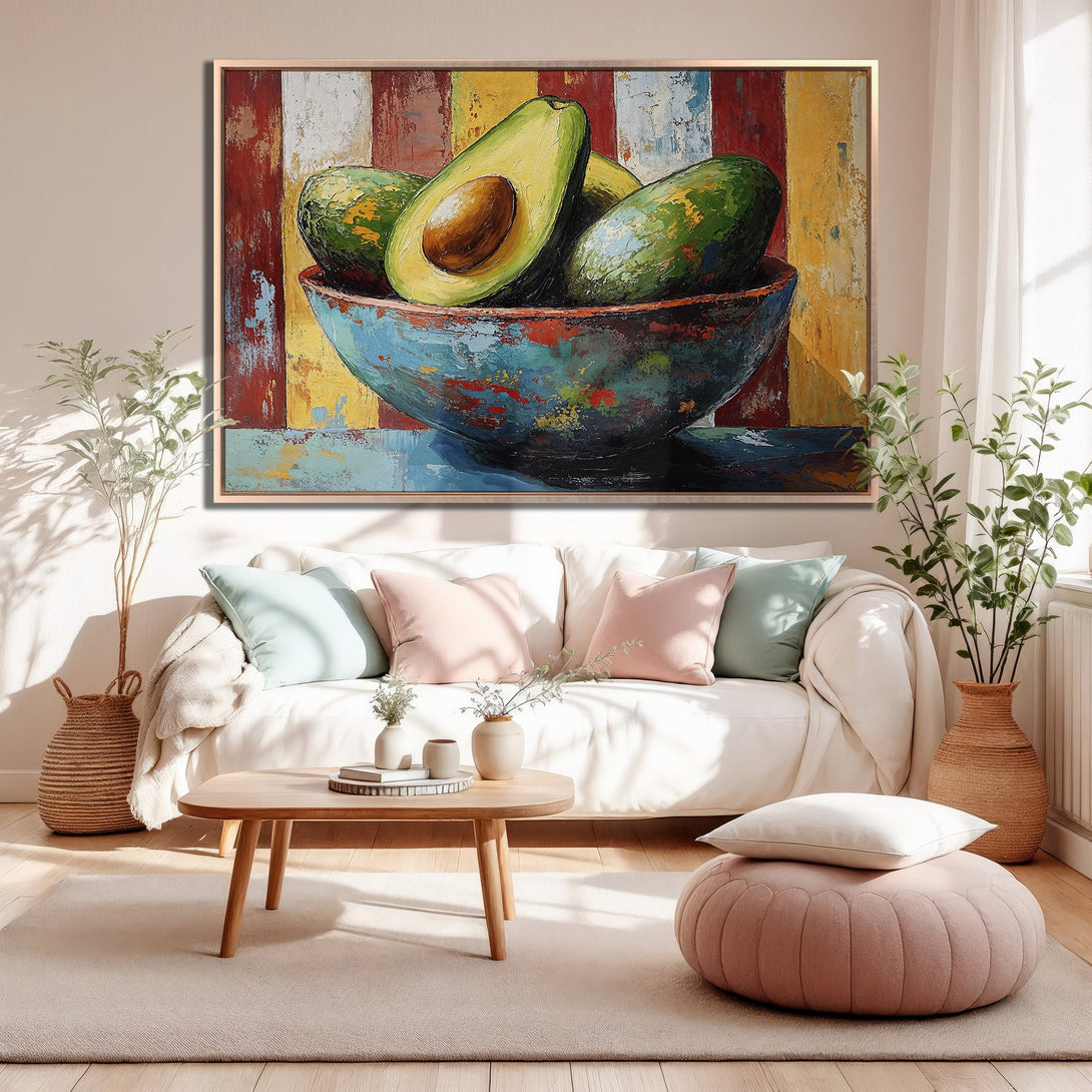Framed Wall Art: Colorful avocado painting in a modern interior. Featuring vibrant green, blue, yellow, and red hues. Perfect for kitchen or dining room decor.