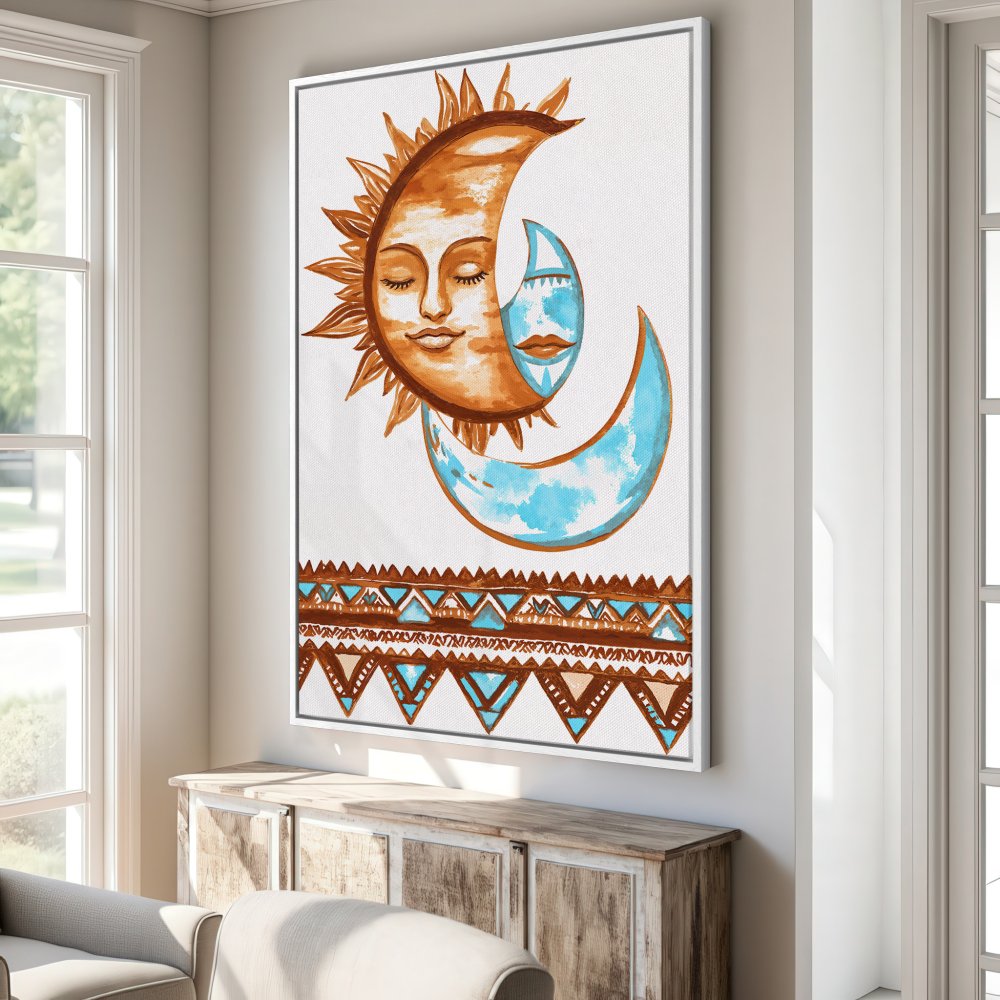 Canvas Print of a sun and moon watercolor painting in warm orange and blue tones. Bohemian style wall art for your home.