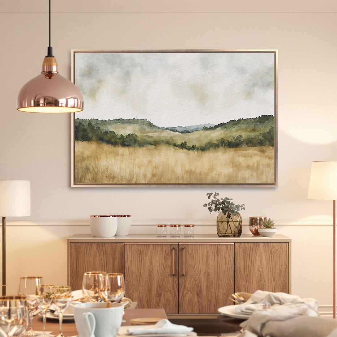 Framed Wall Art: Watercolor landscape canvas print in neutral tones. Perfect for adding a touch of serenity to your home decor.