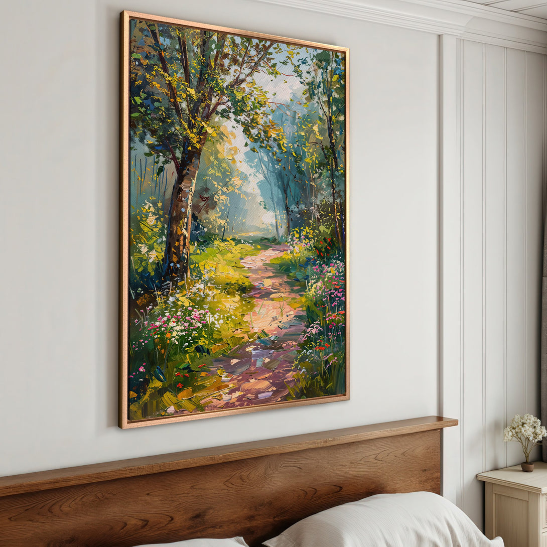 Framed Wall Art: Impressionist forest path canvas print. Lush green, yellow, and blue color palette. Perfect for adding nature-inspired art to your home decor.