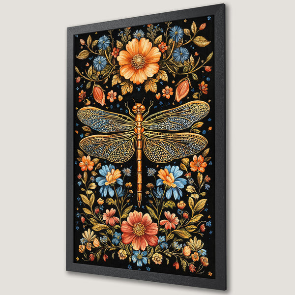 Framed Poster featuring a dragonfly and floral design. Vintage style with a black, gold, orange, and blue color palette. Perfect wall art!