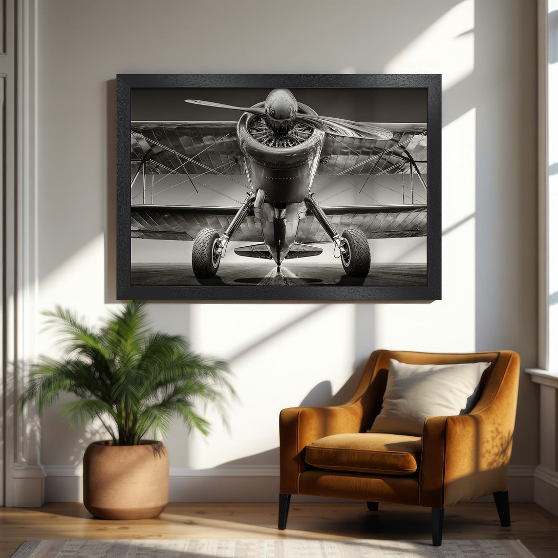 Framed Poster featuring a vintage biplane, monochrome style. Perfect aviation art for your home!