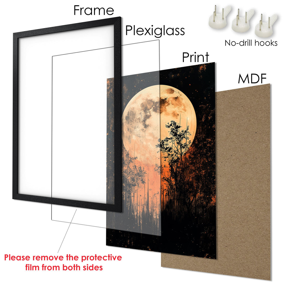 Framed Poster featuring a moonlit landscape art print in black, orange, and white color palette, ready to hang.