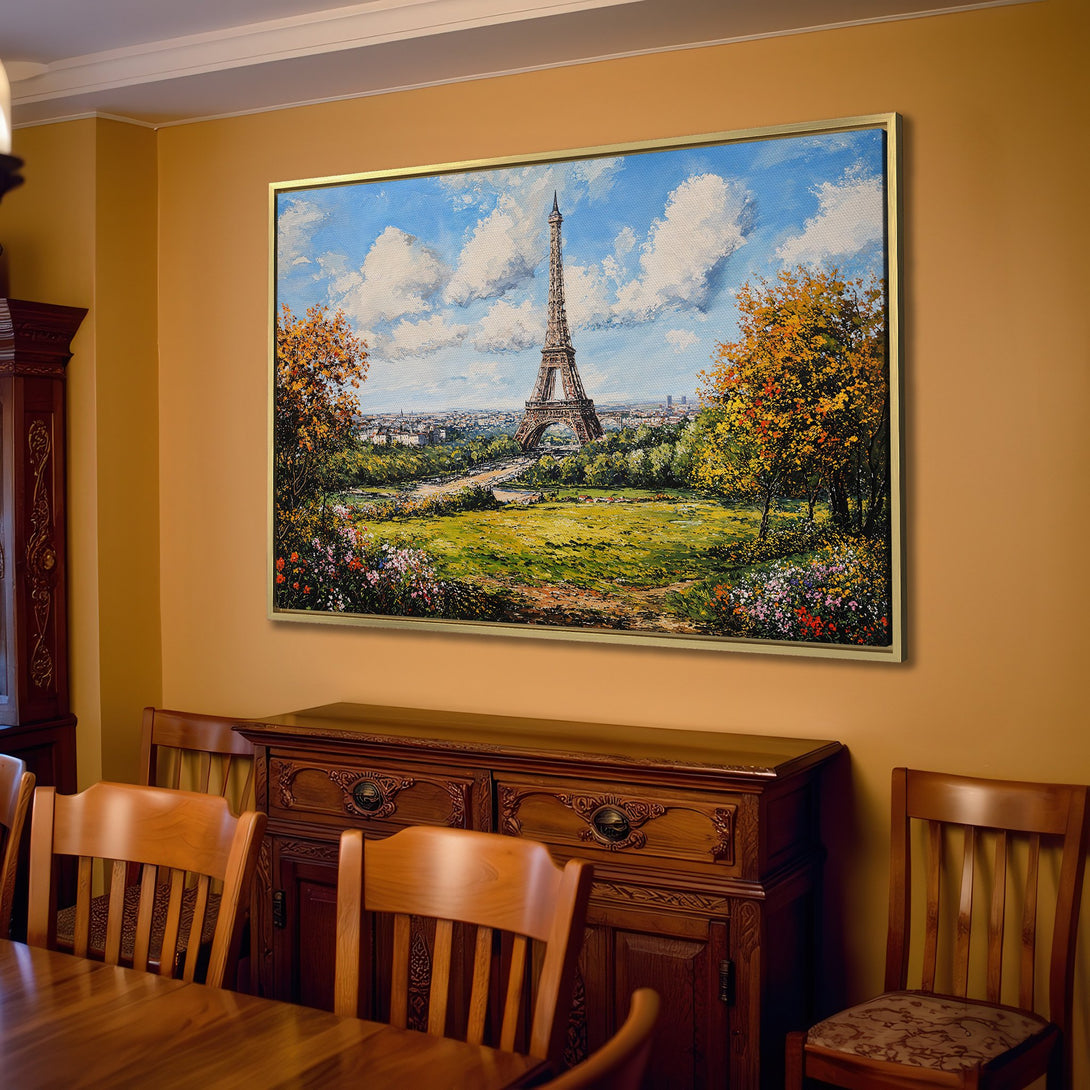 Canvas Print of Eiffel Tower in a warm, impressionistic style. Features a blue sky and fall color palette, perfect for living room decor.