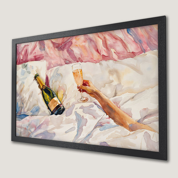 Framed Poster: Watercolor painting of champagne and hand, soft pink and beige palette. Perfect wall art for your home!