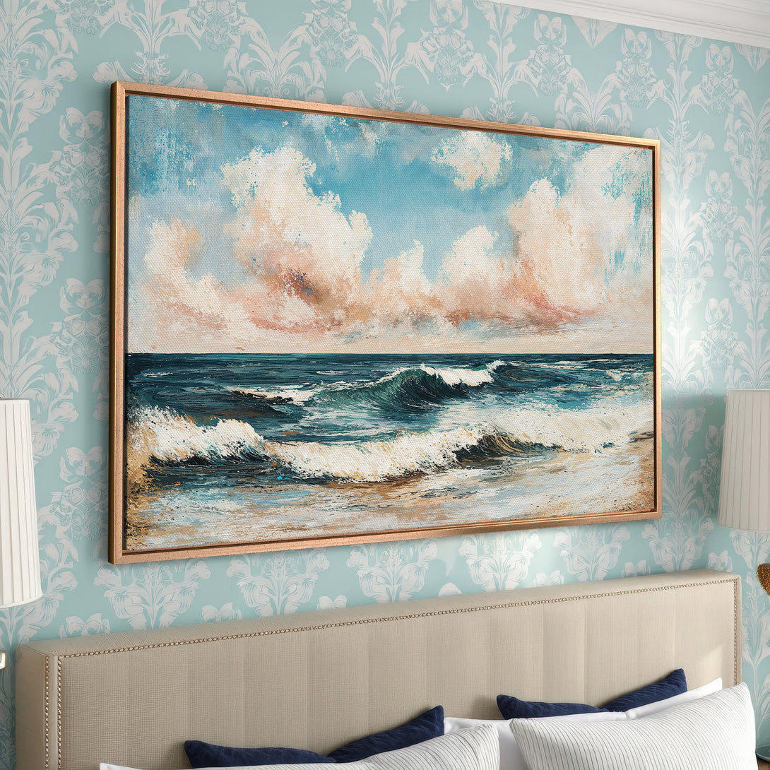 Framed Wall Art: Coastal ocean waves Canvas Print in a bedroom. Features blue, white, and peach color palette. Perfect for adding a touch of serenity.