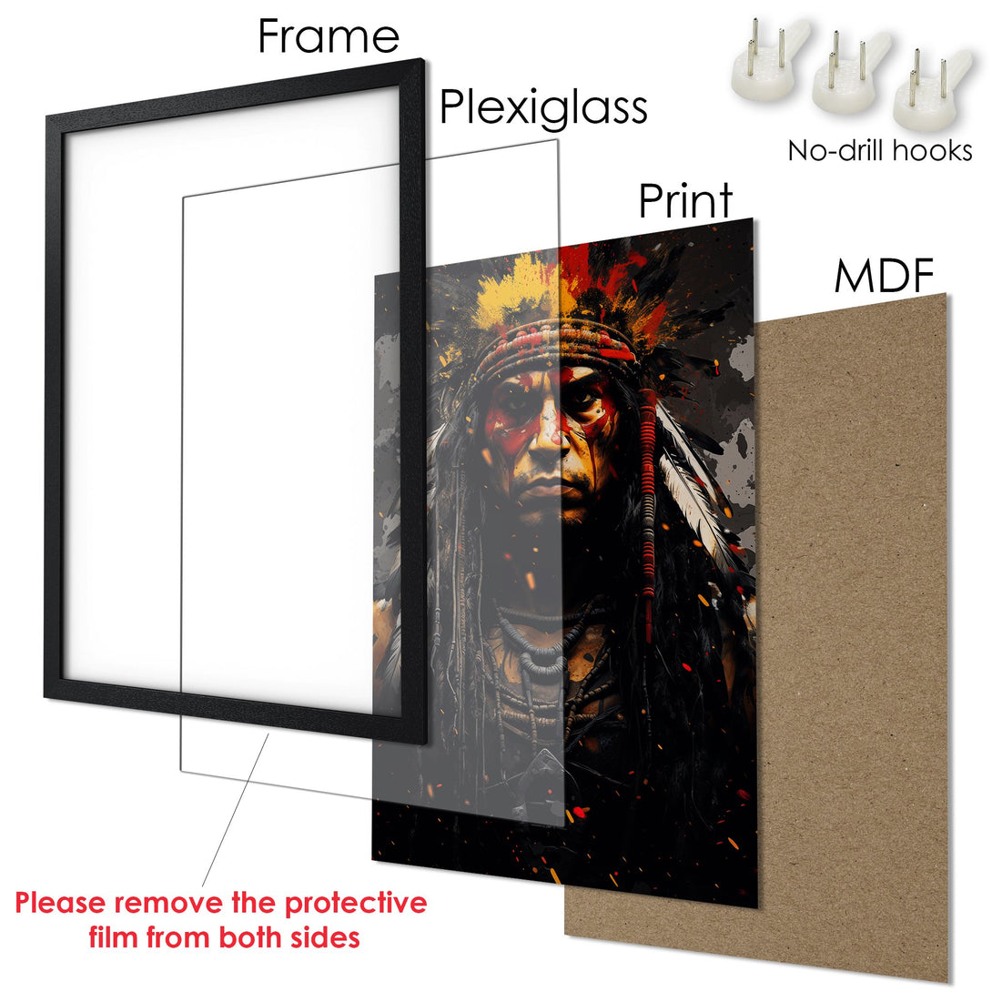 Framed Poster featuring a Native American portrait in a dramatic, dark style with a red, yellow, and black color palette.