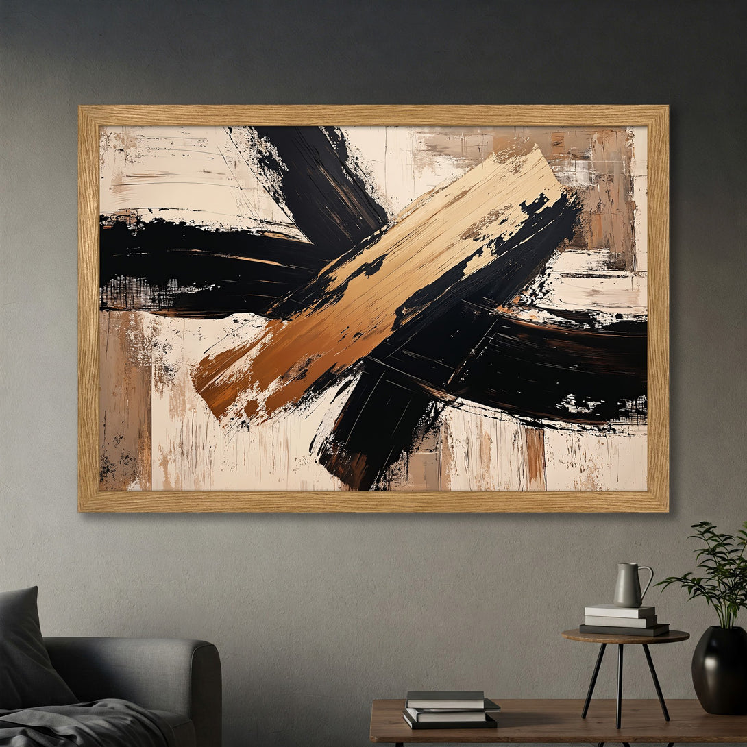 Framed Poster: Abstract art print with black, beige, and brown brushstrokes. Modern wall decor for home or office.
