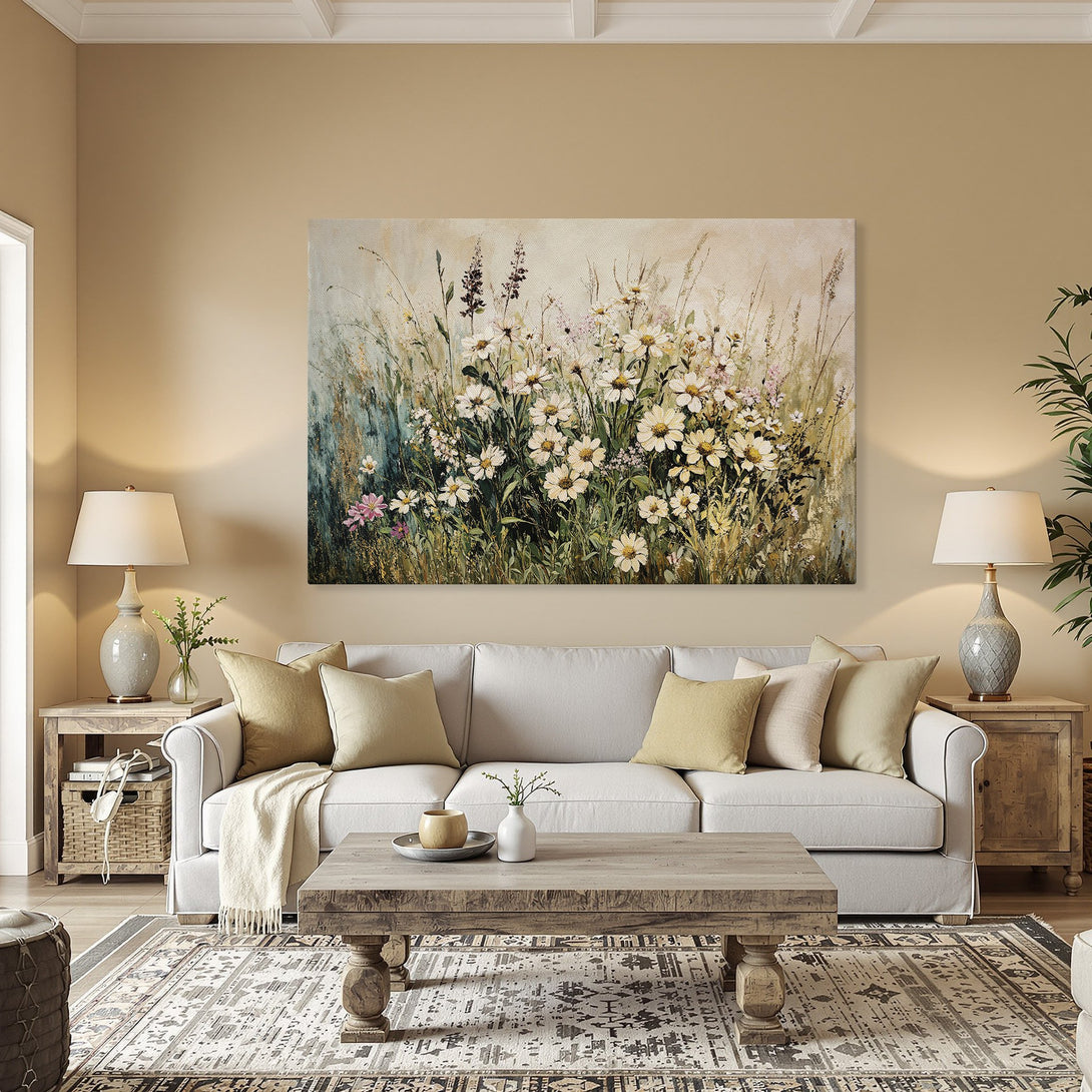 Framed Wall Art: Floral canvas print in a warm, inviting dining room. Featuring daisies in a soft, neutral color palette. Perfect home decor!