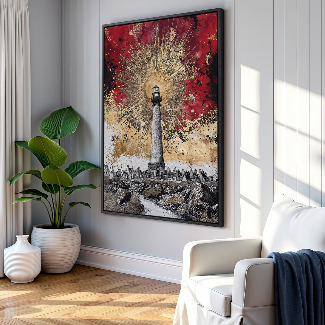 Framed Wall Art featuring a lighthouse with a red and gold abstract background. Stunning coastal art print in a modern interior, perfect for home decor.