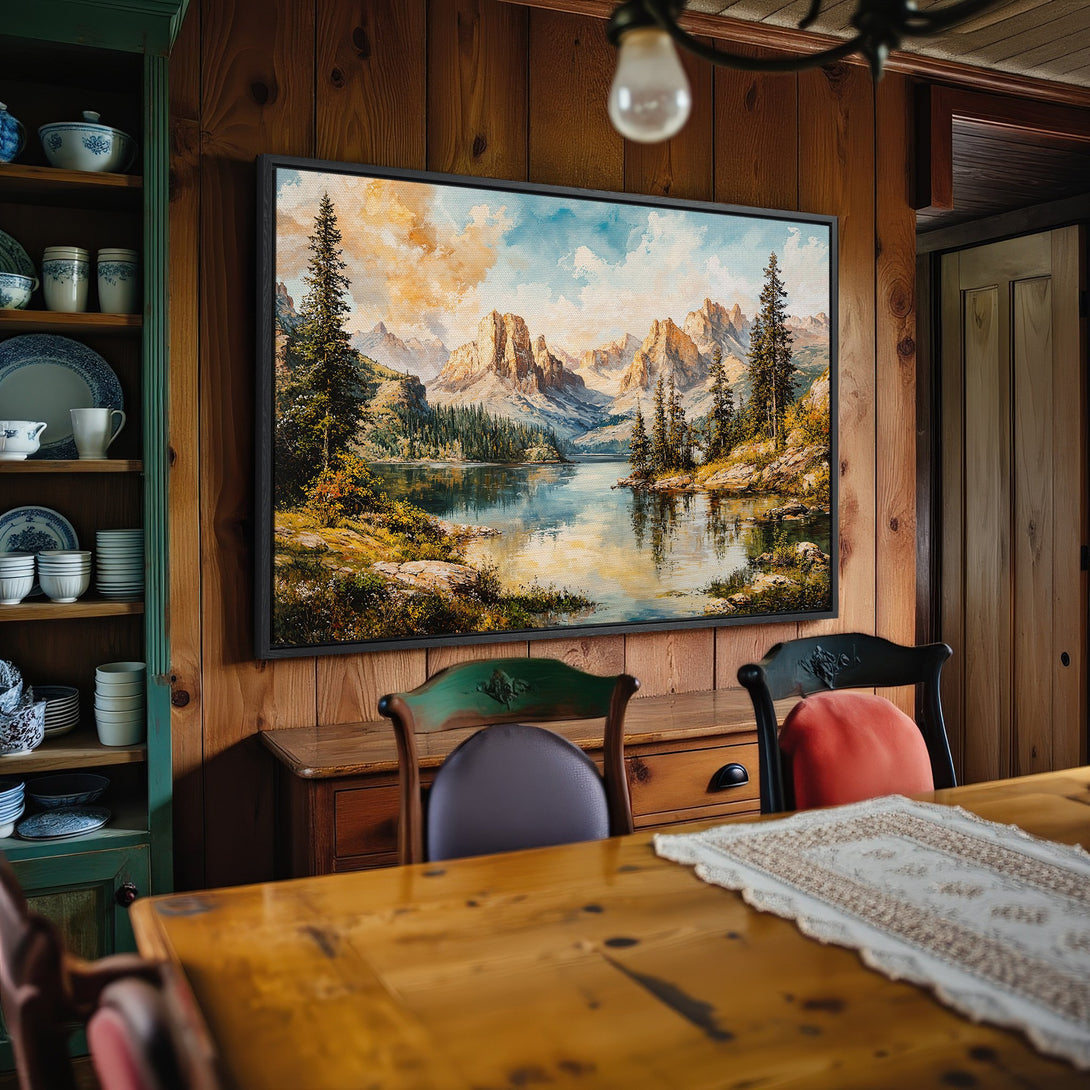 Framed Wall Art: Mountain landscape Canvas Print in a rustic interior. Warm earth tones and cool blues create a serene, vintage aesthetic. Perfect for home decor.