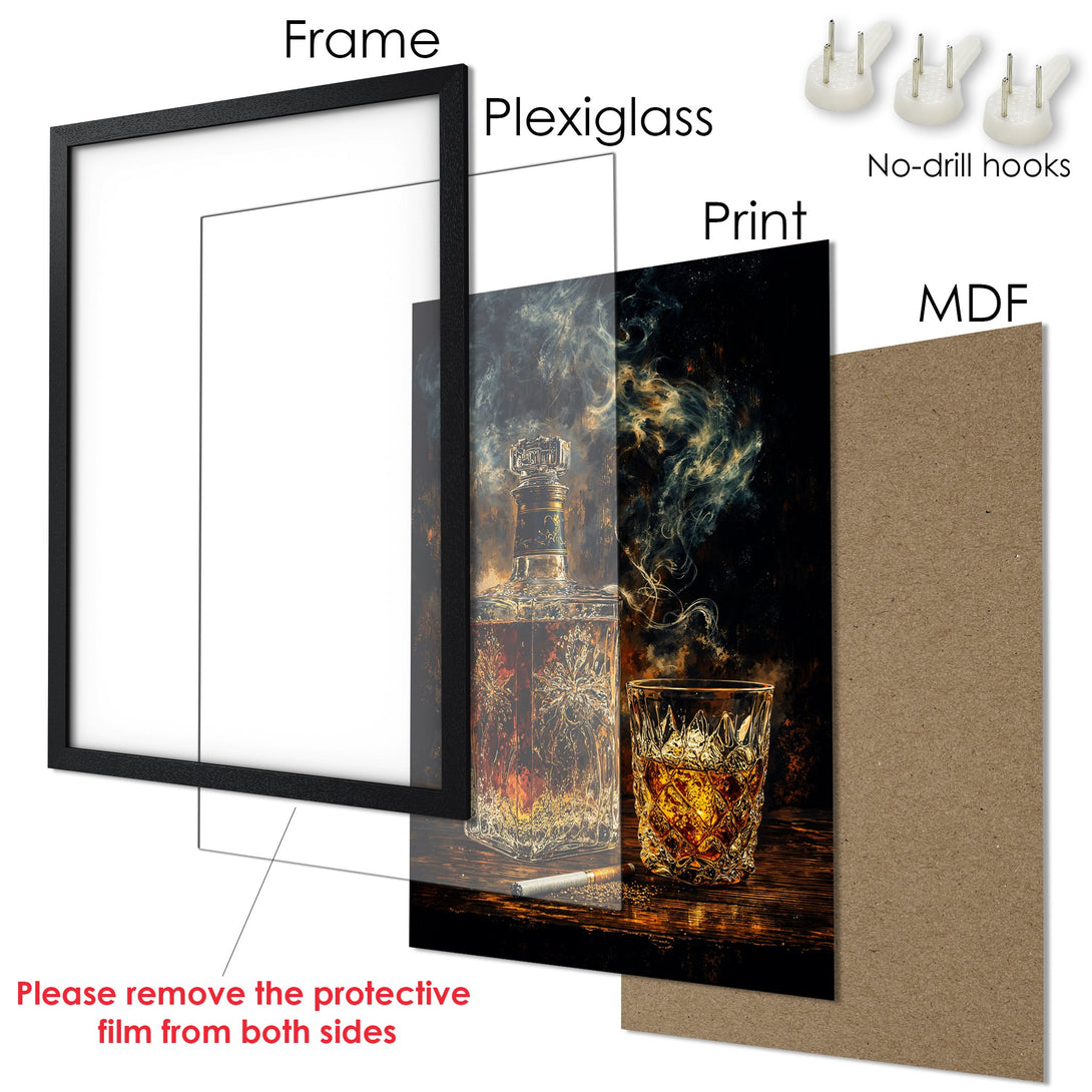 Framed Poster featuring a whiskey still life in warm, earthy tones. Perfect wall art for a sophisticated touch.
