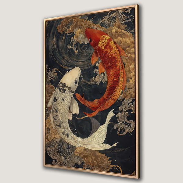 Framed Wall Art featuring two koi fish in an Asian-inspired style. Dark, moody background with gold and orange accents. Perfect for adding zen to your space!