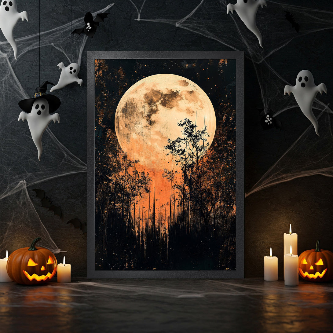 Framed Poster featuring a spooky Halloween moonlit forest scene in orange, black, and white. Perfect for Halloween decor!