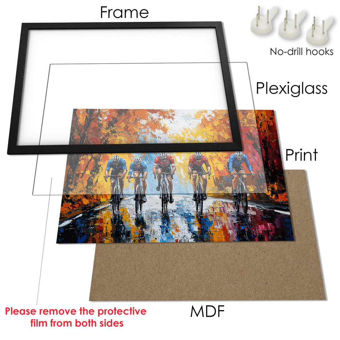 Framed Poster featuring cyclists in a vibrant, impressionistic style with a warm, colorful palette. Perfect wall art!