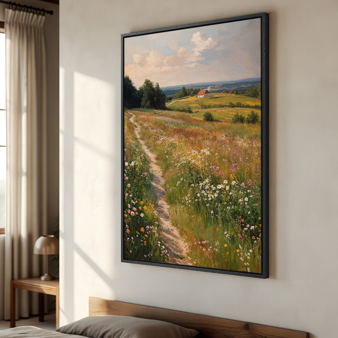 Framed Wall Art: Landscape Canvas Print of a serene field with a path, featuring a warm, natural color palette. Perfect for home decor!