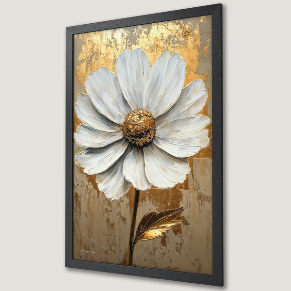 Framed Poster of a white flower with gold accents. Textured, modern art style in a neutral, warm color palette. Perfect wall decor!