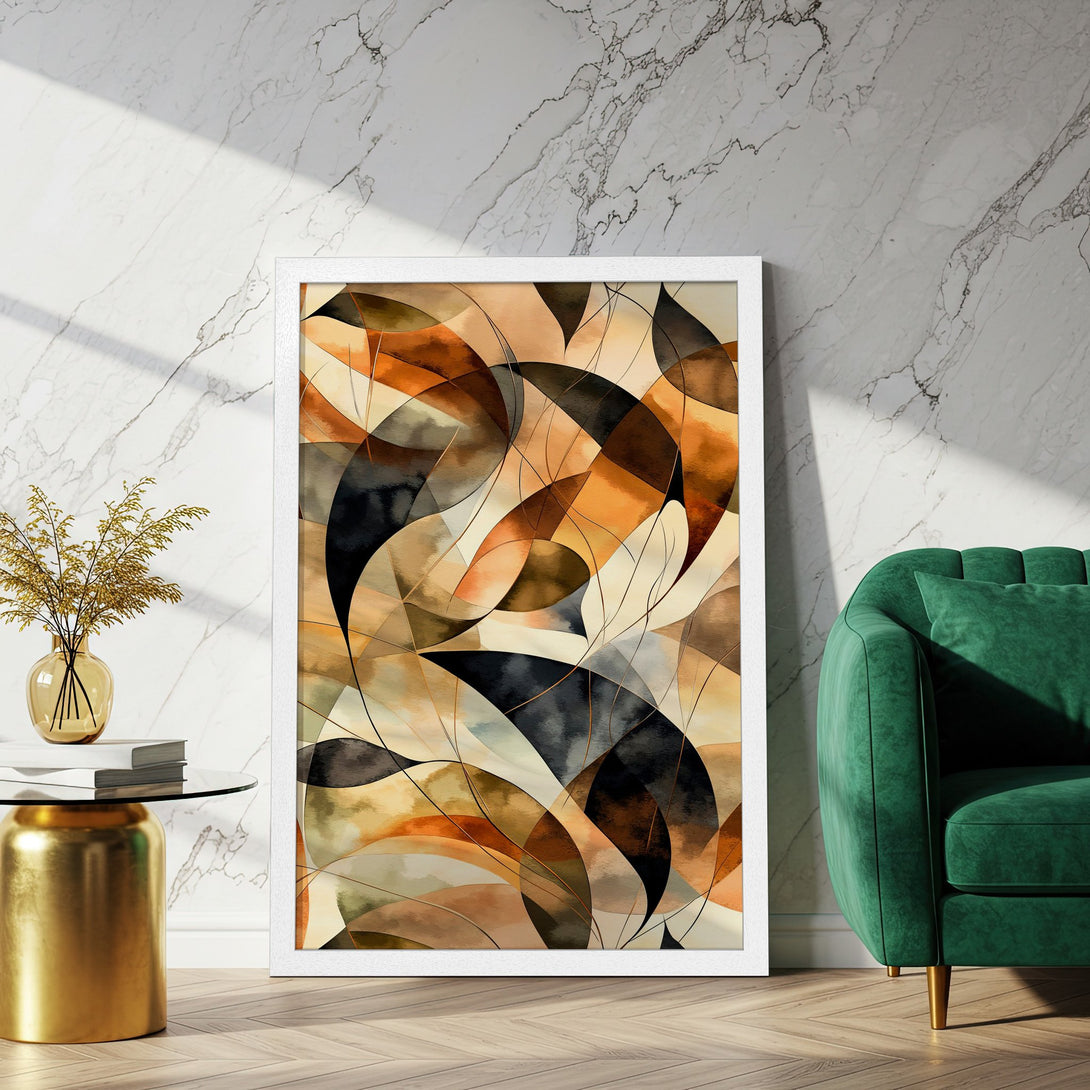 Framed Poster featuring abstract art in warm earth tones. Modern decor with a stylish, geometric design.