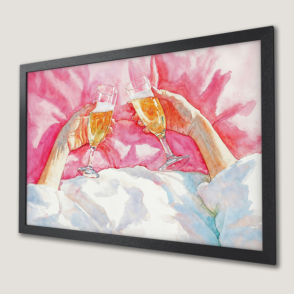 Framed Poster of champagne toast watercolor art, pink and gold color palette, perfect for home decor.