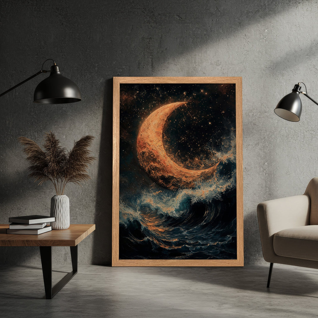 Framed Poster featuring a celestial moon over ocean waves. Artistic style with a dark, moody color palette of blues, oranges, and blacks. Perfect wall art.