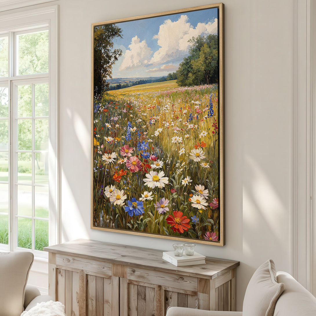 Framed Wall Art of a vibrant wildflower meadow painting. Impressionistic style with a colorful palette of blues, yellows, reds, and greens. Perfect for adding a touch of nature.