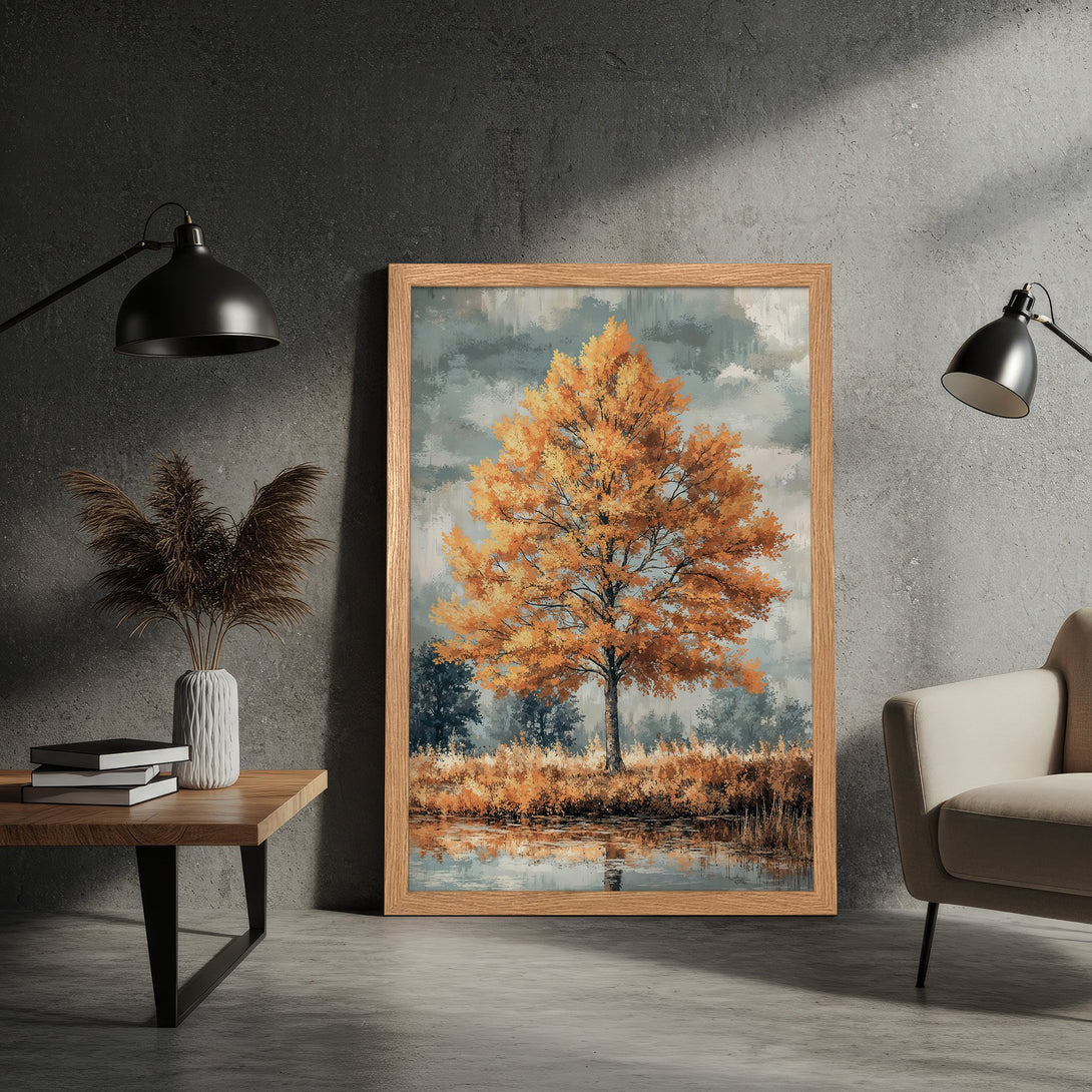Framed Poster featuring a vibrant autumn tree painting. Warm orange and cool gray tones create a stylish, nature-inspired art piece. Perfect for home decor.