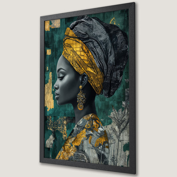 Framed Poster featuring a regal woman in a turban. Abstract art style with a teal, gold, and gray color palette. Perfect wall decor.