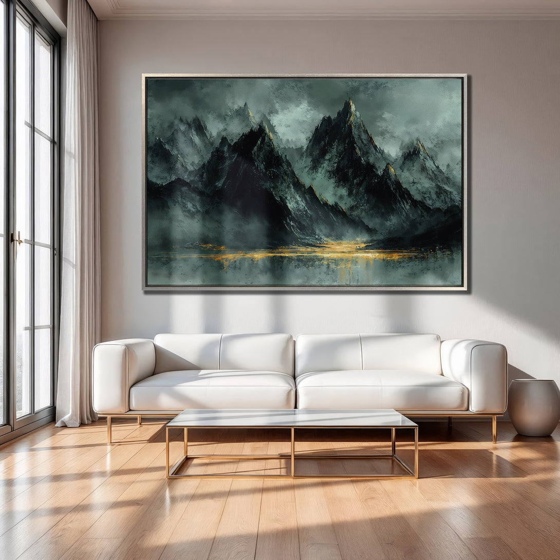 Framed Wall Art: Abstract mountain landscape in moody teal and gold tones. Modern art canvas print perfect for living room decor.