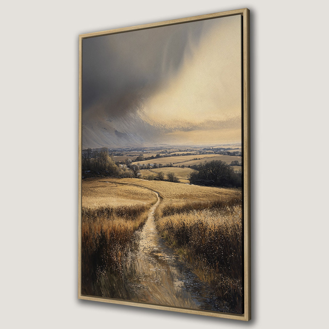 Framed Wall Art: Landscape Canvas Print of a serene field scene with a path, featuring a warm, earthy color palette. Perfect for adding a touch of nature.