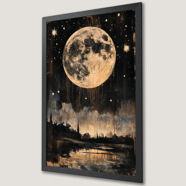 Framed Poster featuring a stunning moon art print in a dark, gold, and black color palette. Modern abstract style.