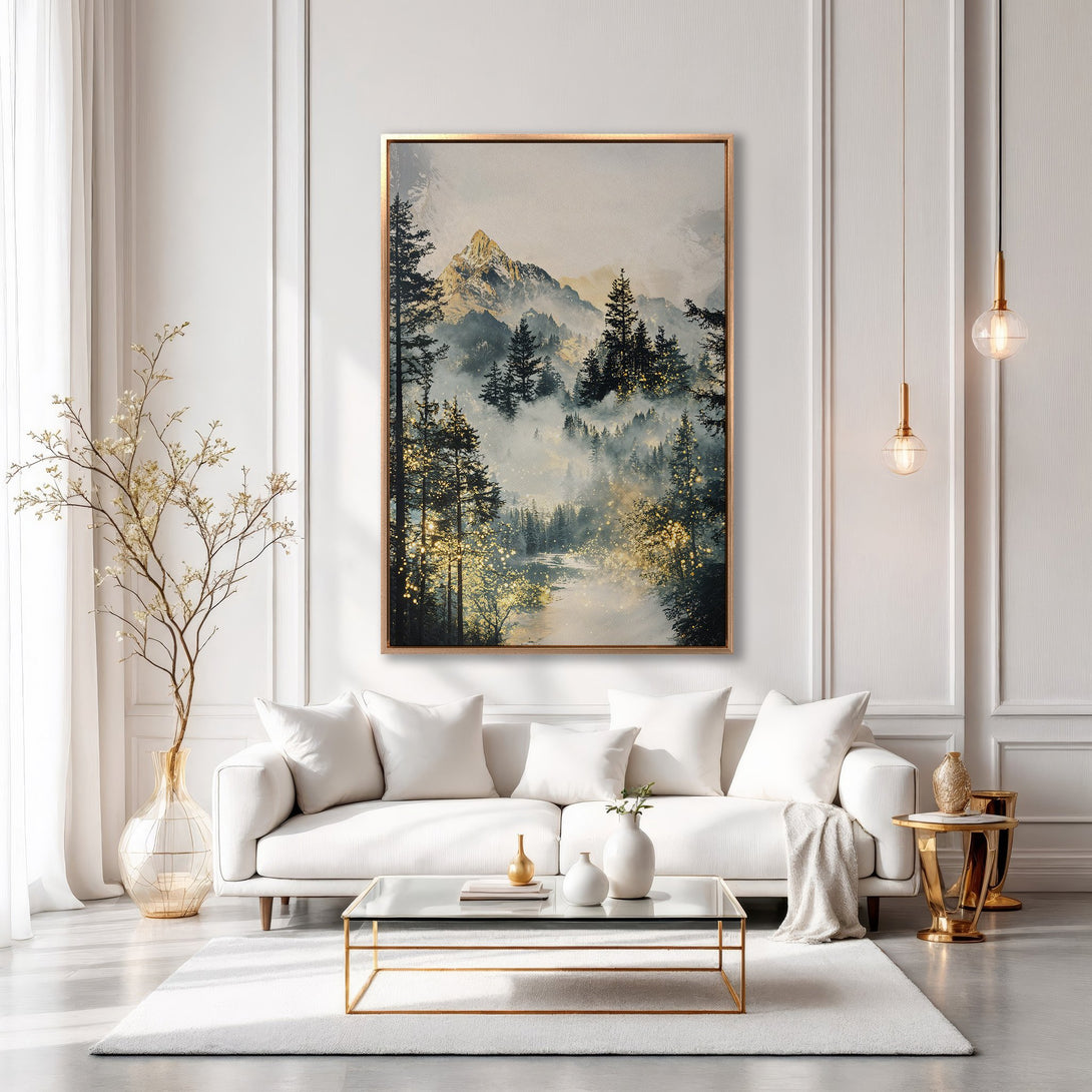 Framed Wall Art: Stunning mountain forest scene canvas print in gold and muted tones. Perfect for adding a touch of elegance to any living room. Shop now!