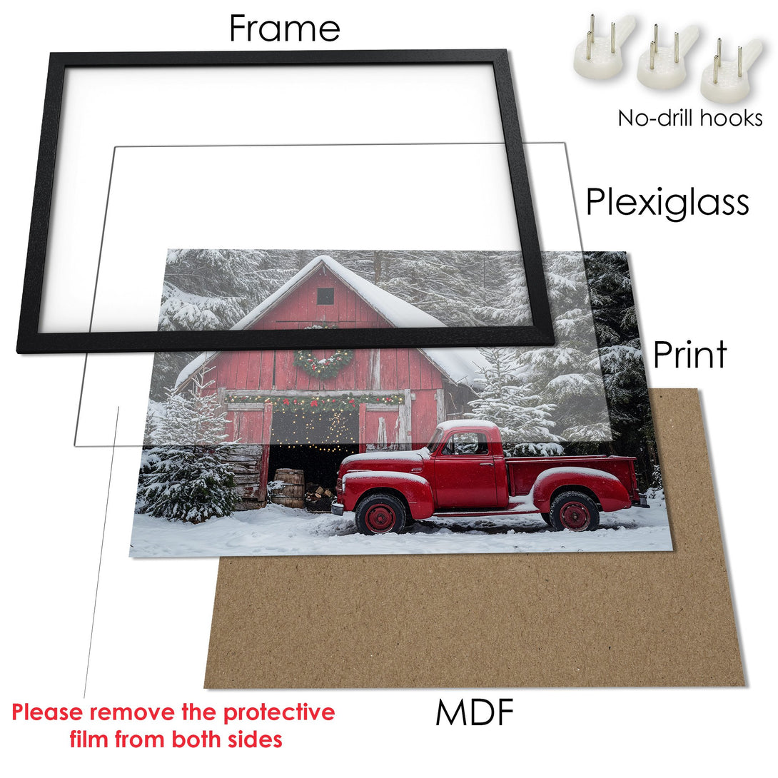 Framed Poster featuring a red truck & barn in a snowy scene. Rustic style with red & white color palette. Perfect holiday decor!