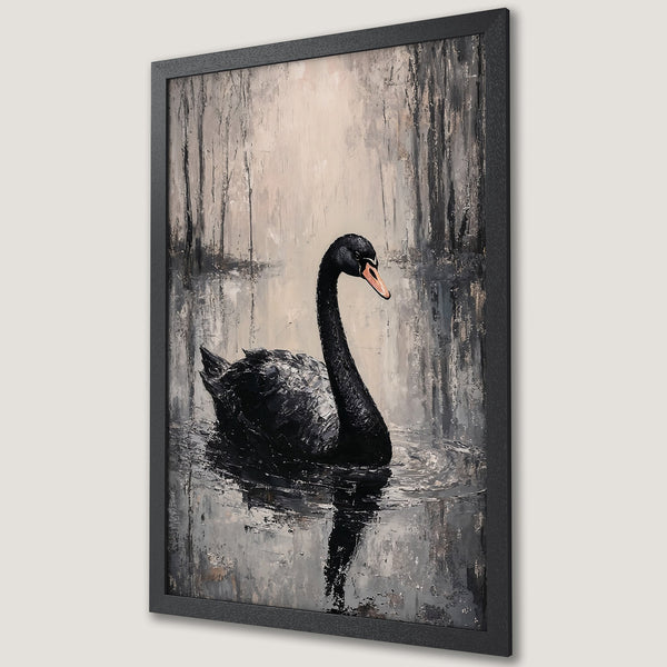 Framed Poster featuring a black swan in a serene lake. Abstract art style with a muted grayscale palette. Perfect for modern decor.