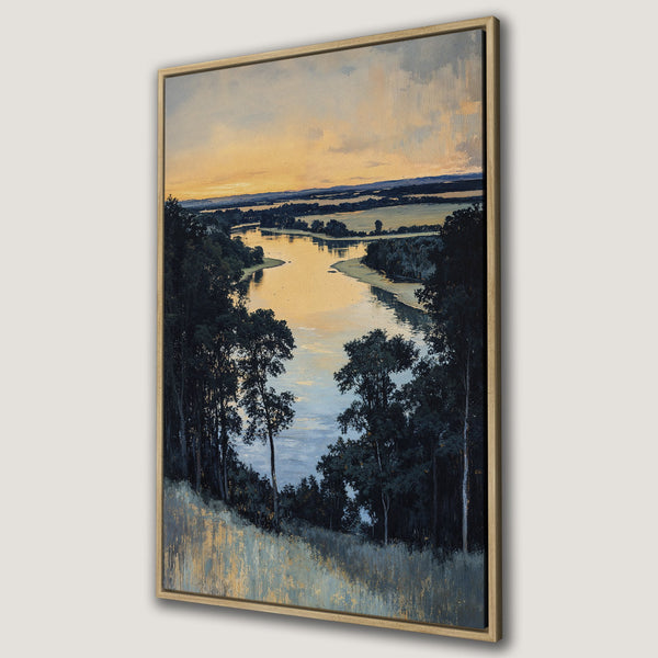 Framed Wall Art: Landscape painting of a river at sunset, featuring warm yellows and cool blues. Enhance your space with this beautiful canvas print!