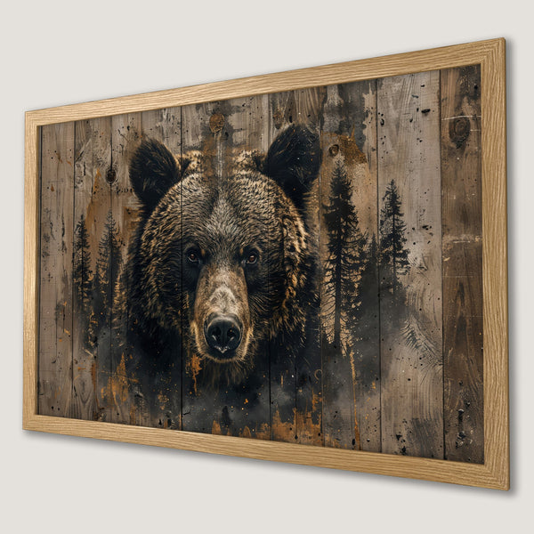 Framed Poster featuring a majestic bear in a rustic, wood-grain style with a warm brown and black color palette.