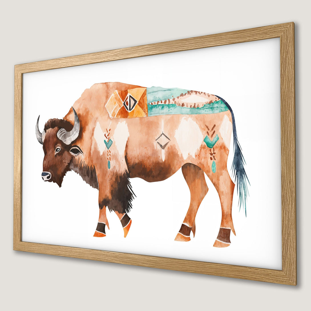Framed Poster featuring a watercolor bison in earthy tones. Add a touch of the wild to your decor!
