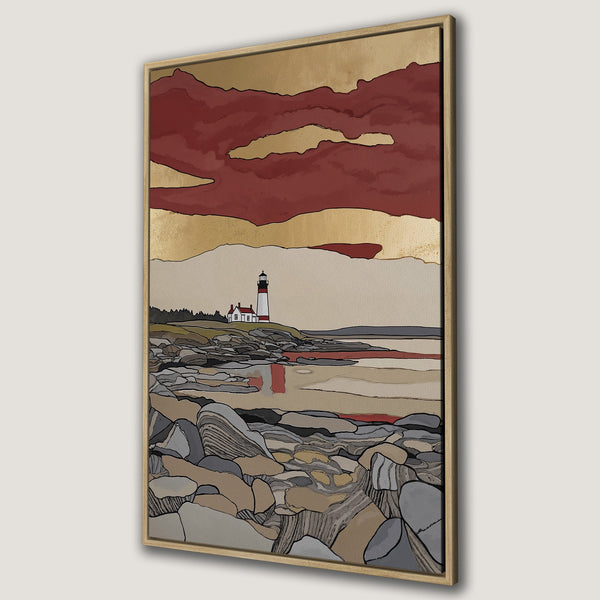 Framed Wall Art: Coastal lighthouse scene in warm red, gold, and gray tones. Modern art style Canvas Print perfect for any space.