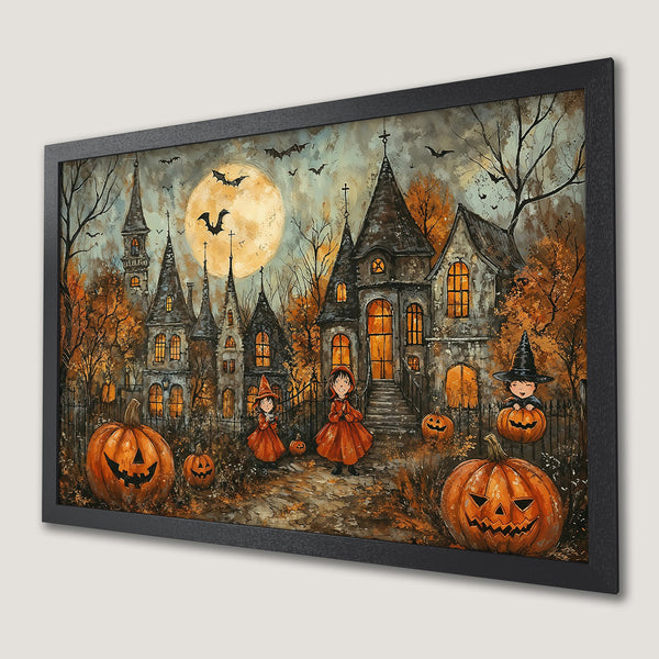 Framed Poster of a spooky Halloween scene with pumpkins, children, and a haunted house. Features a warm, autumnal color palette.