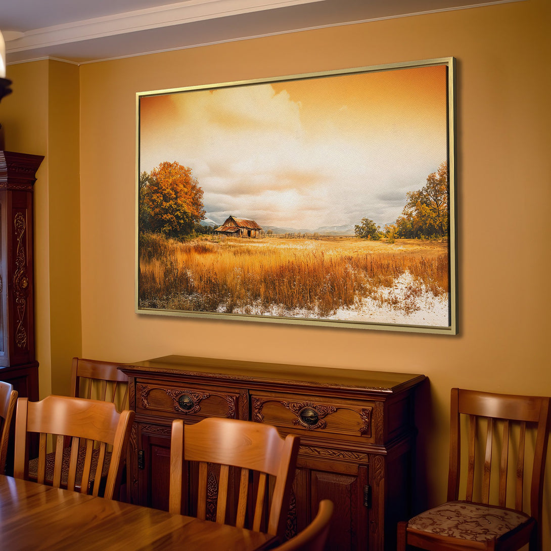 Canvas Print of a rustic landscape with warm, golden tones. Perfect for adding cozy farmhouse style to your home!