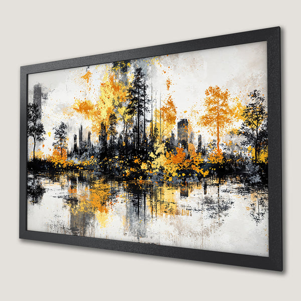 Framed Poster: Abstract landscape art print in black, gold, and gray tones. Perfect wall decor.