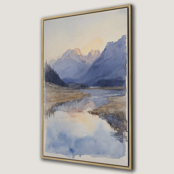 Framed Wall Art: Watercolor landscape Canvas Print featuring mountains and river in blue and beige tones, perfect for serene home decor.