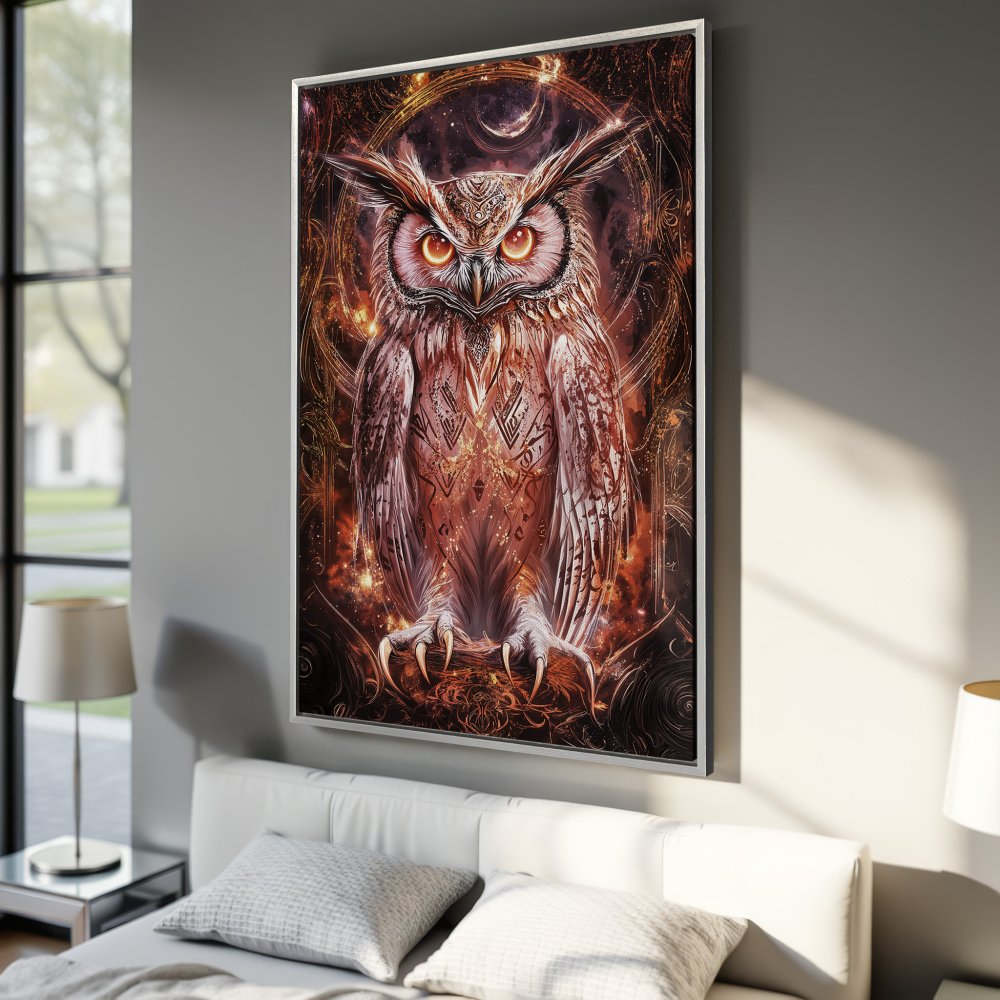 Framed Wall Art: Majestic owl illustration in warm orange and brown tones. Perfect for adding a touch of mystical art to your bedroom decor.