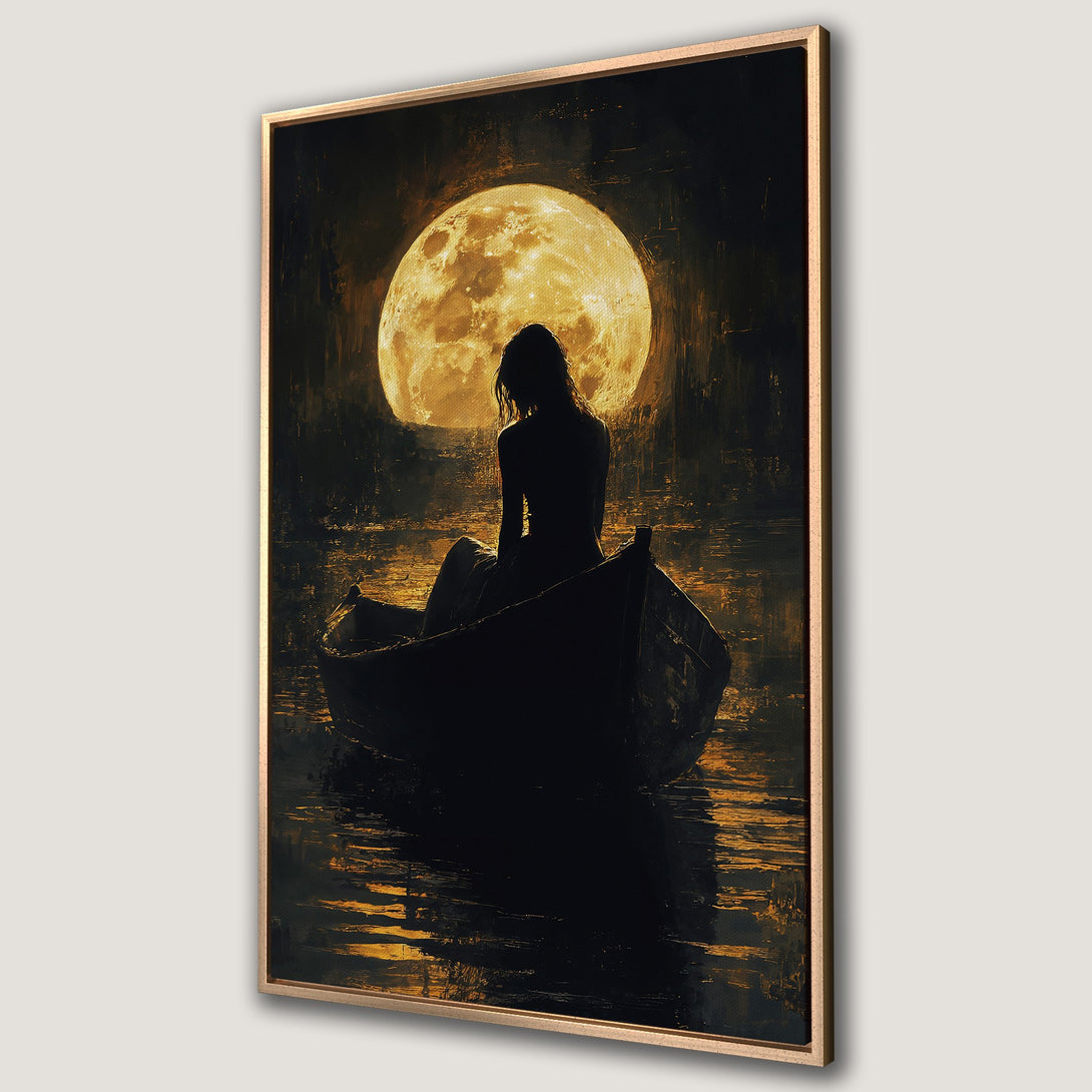 Framed Wall Art: Silhouette of a woman in a boat under a full moon. Dramatic, painterly style with a warm gold and black color palette. Perfect for any room.