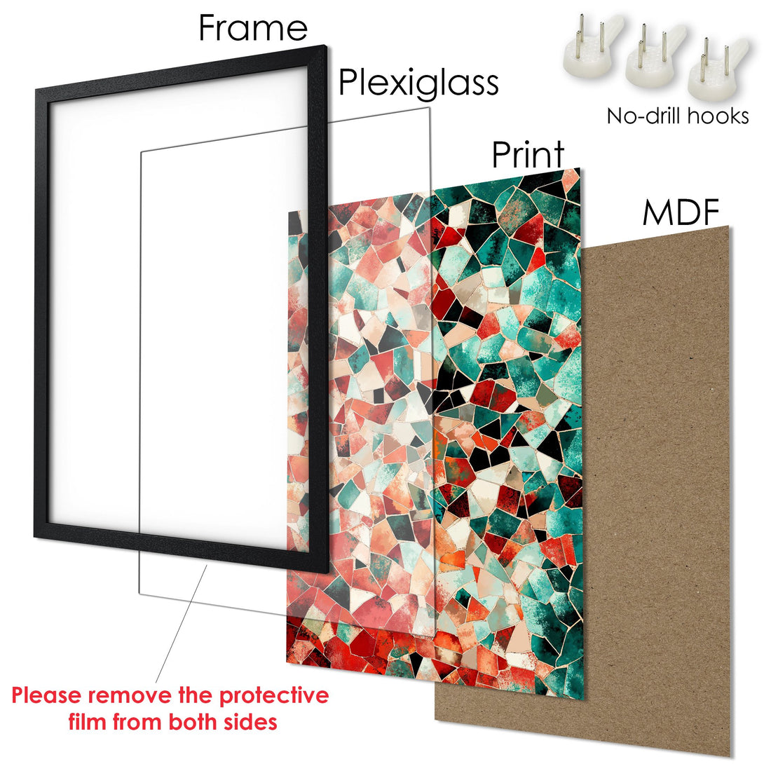 Framed Poster with abstract mosaic art in red, teal, and black. Modern wall art to elevate your space!