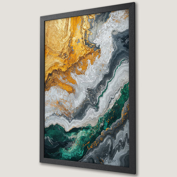 Framed Poster featuring abstract gold, green, and gray artwork. Modern art print perfect for home decor.